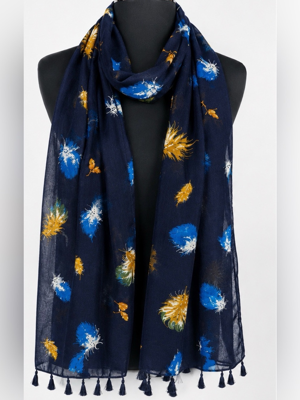 Talbots Floral Black Scarf w/gold & blues. 28”x72” 100% Viscose Dry Clean